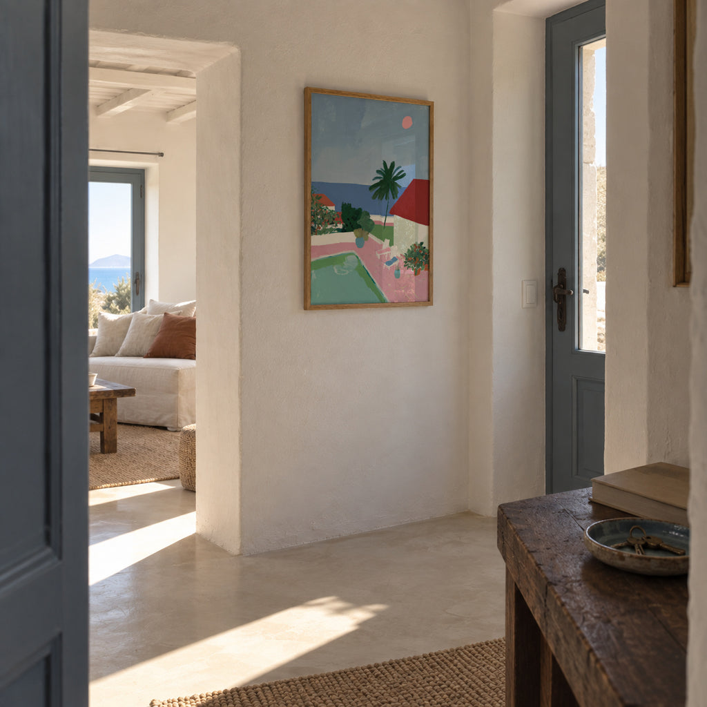 Pink Hillside - Framed poster in an interior