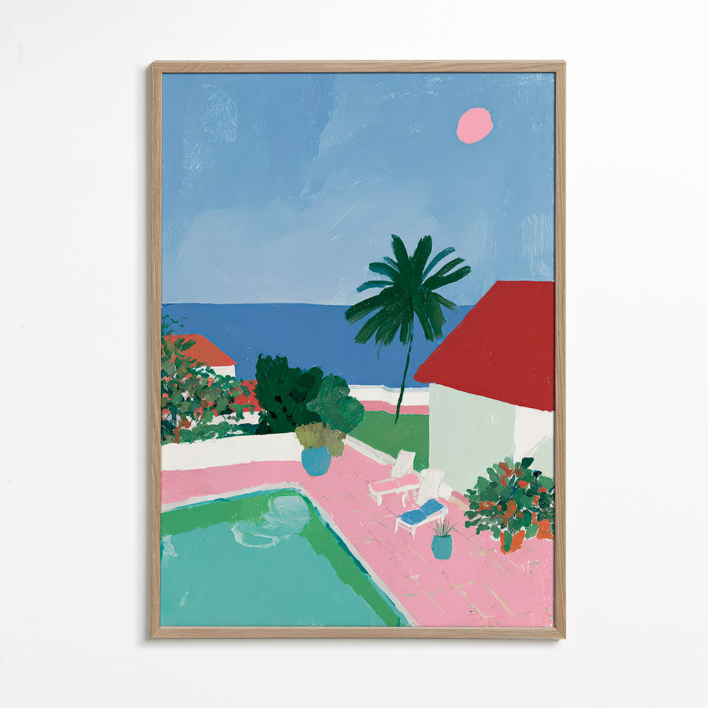 Küstenlandschaft mit Pool, Palme und rotem Dach