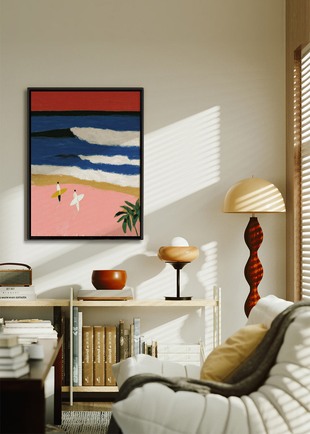 Tableau de paysage avec surfeurs et sable rose