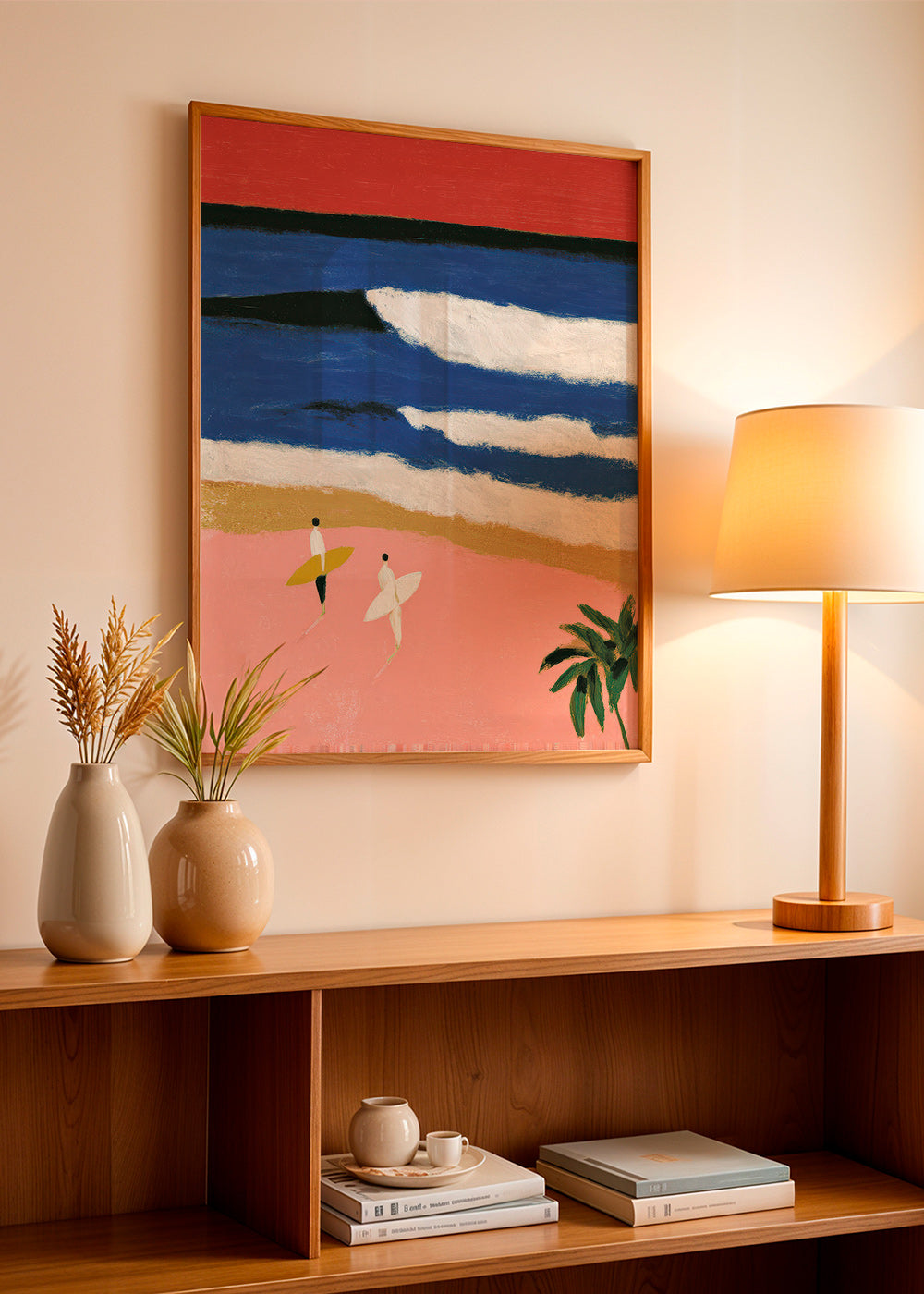 Tableau de paysage avec surfeurs et sable rose