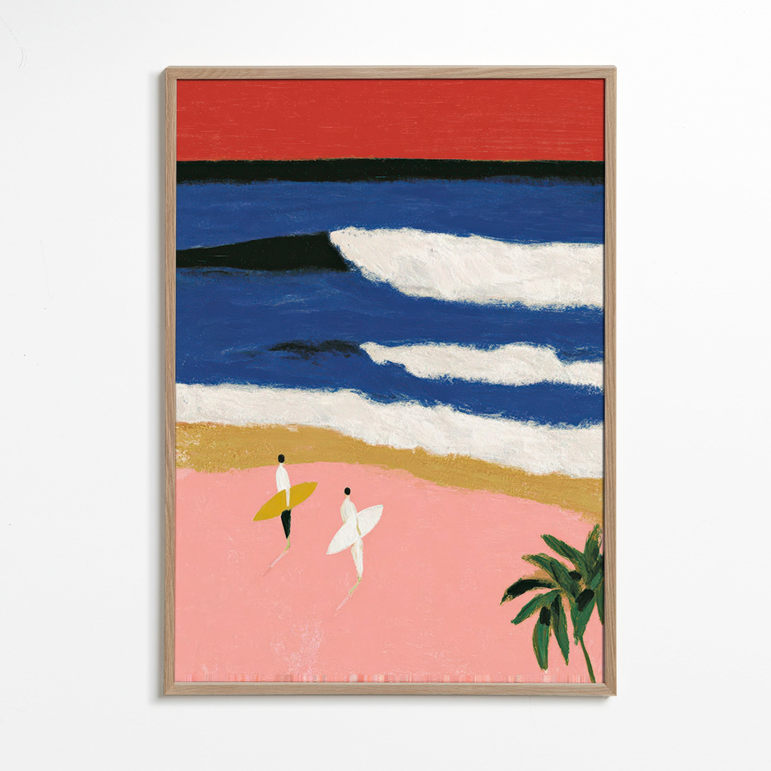 Tableau de paysage avec surfeurs et sable rose
