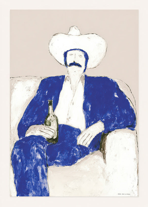 Illustration: sitzender blauer Cowboy