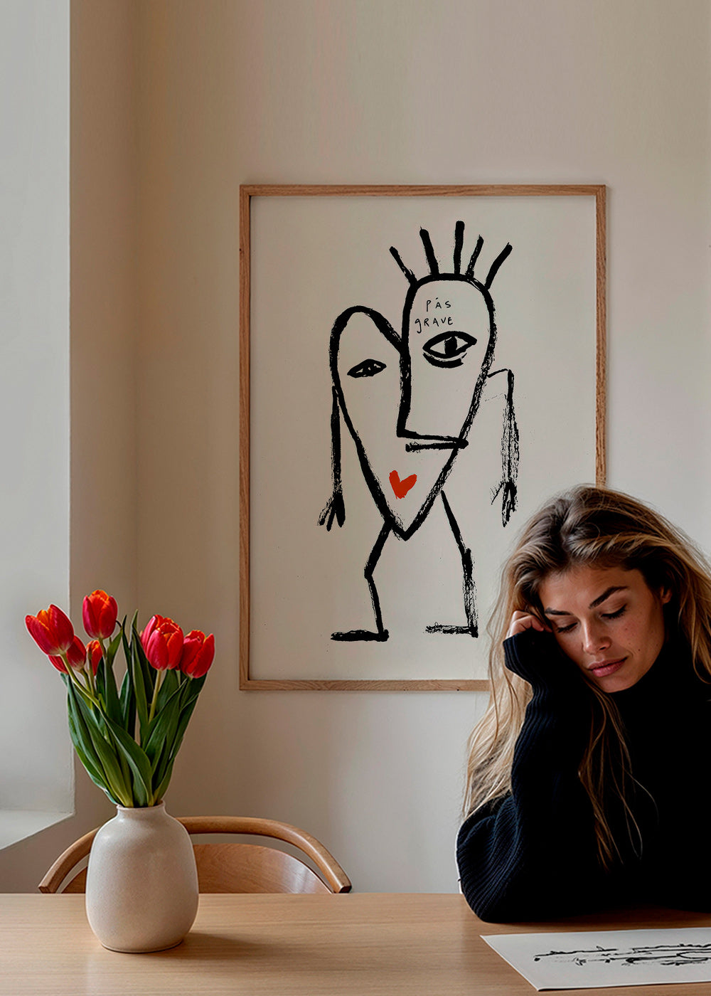 Abstract kunst lineair gezicht met rood hart