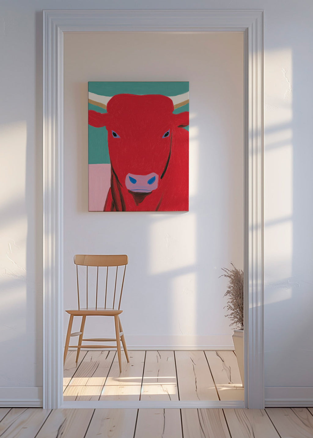 Stierenportret rood: modern schilderij