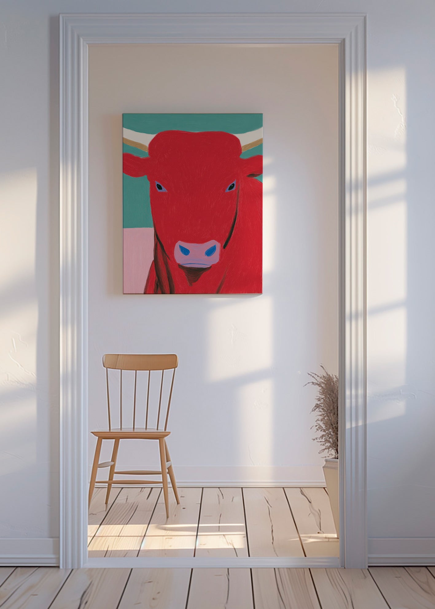 Stierenportret rood: modern schilderij