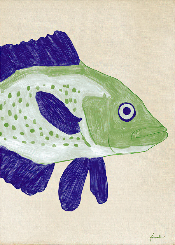 Vissenillustratie groen lichaam met blauwe streken