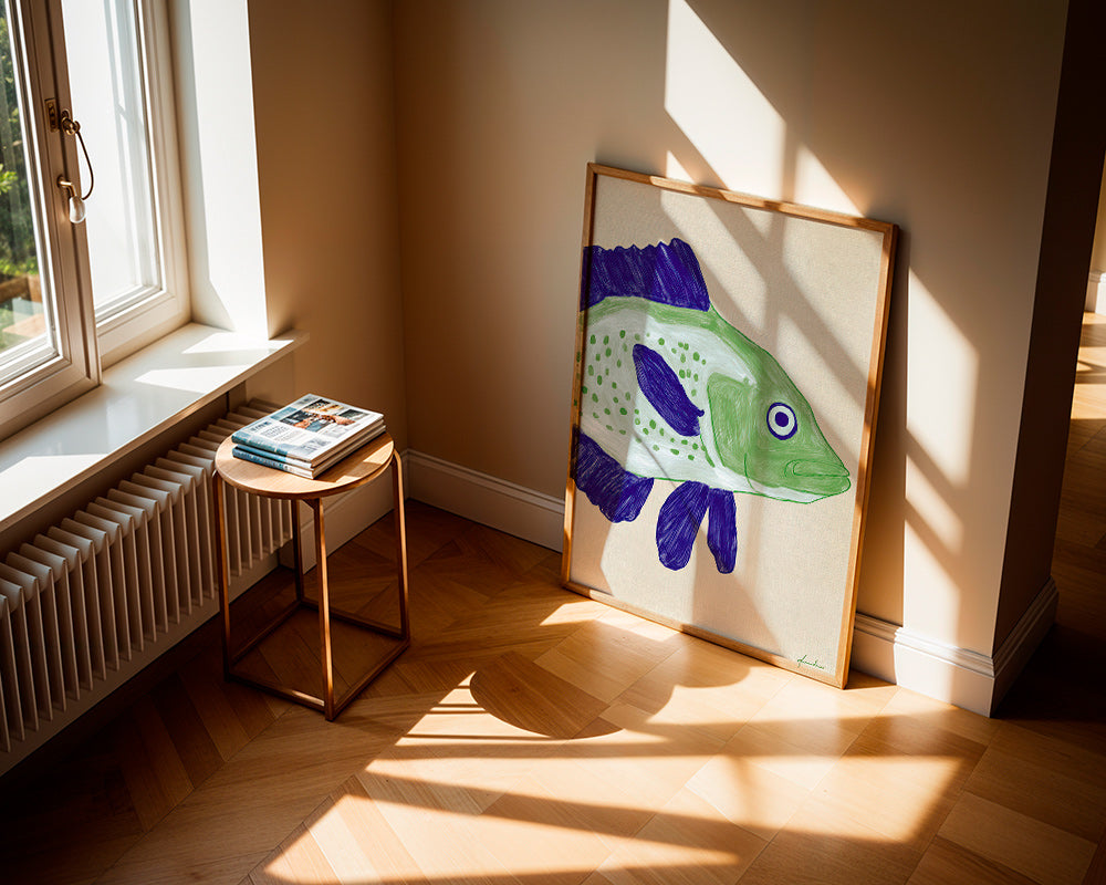 Illustration de poisson vert aux traits bleus