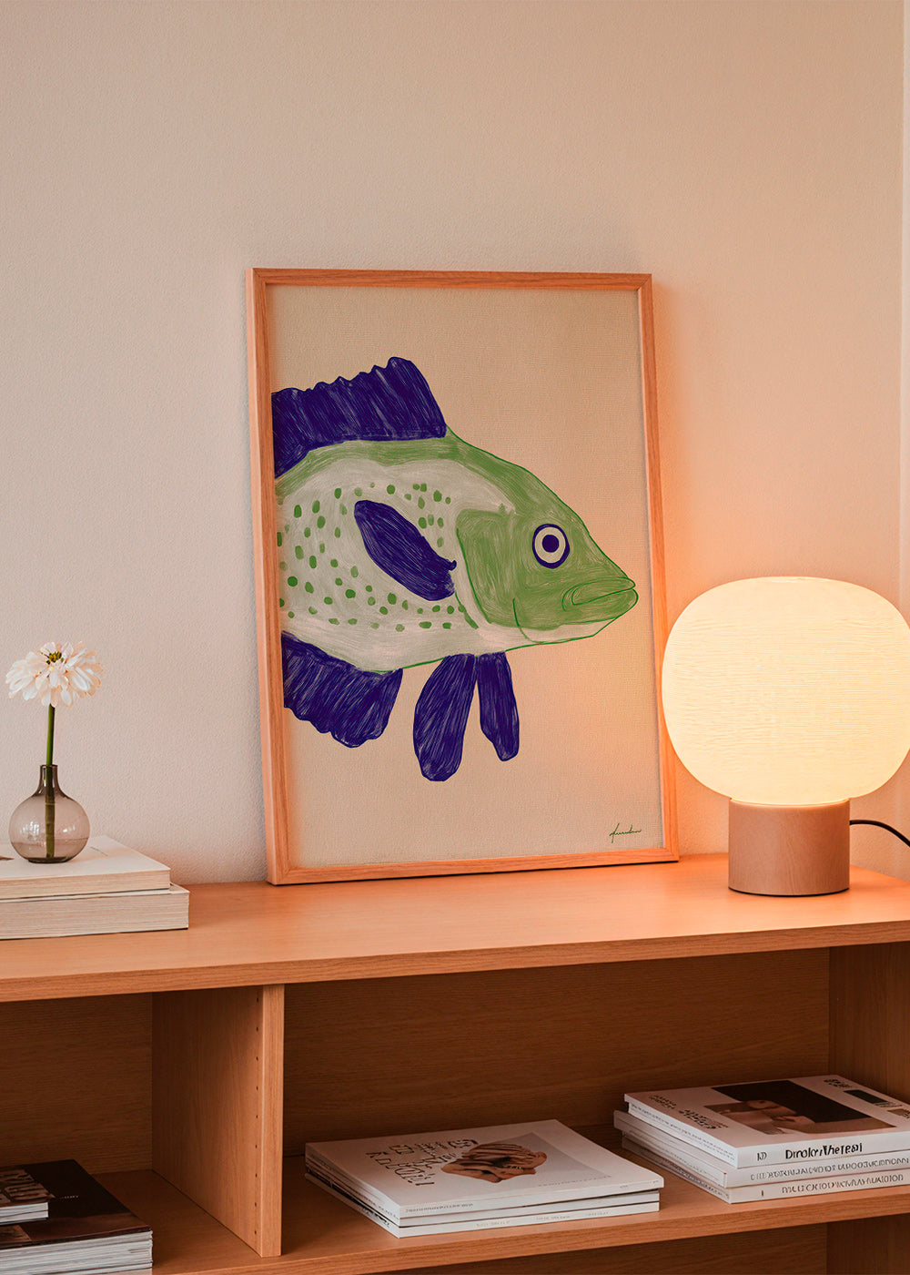 Illustration de poisson vert aux traits bleus
