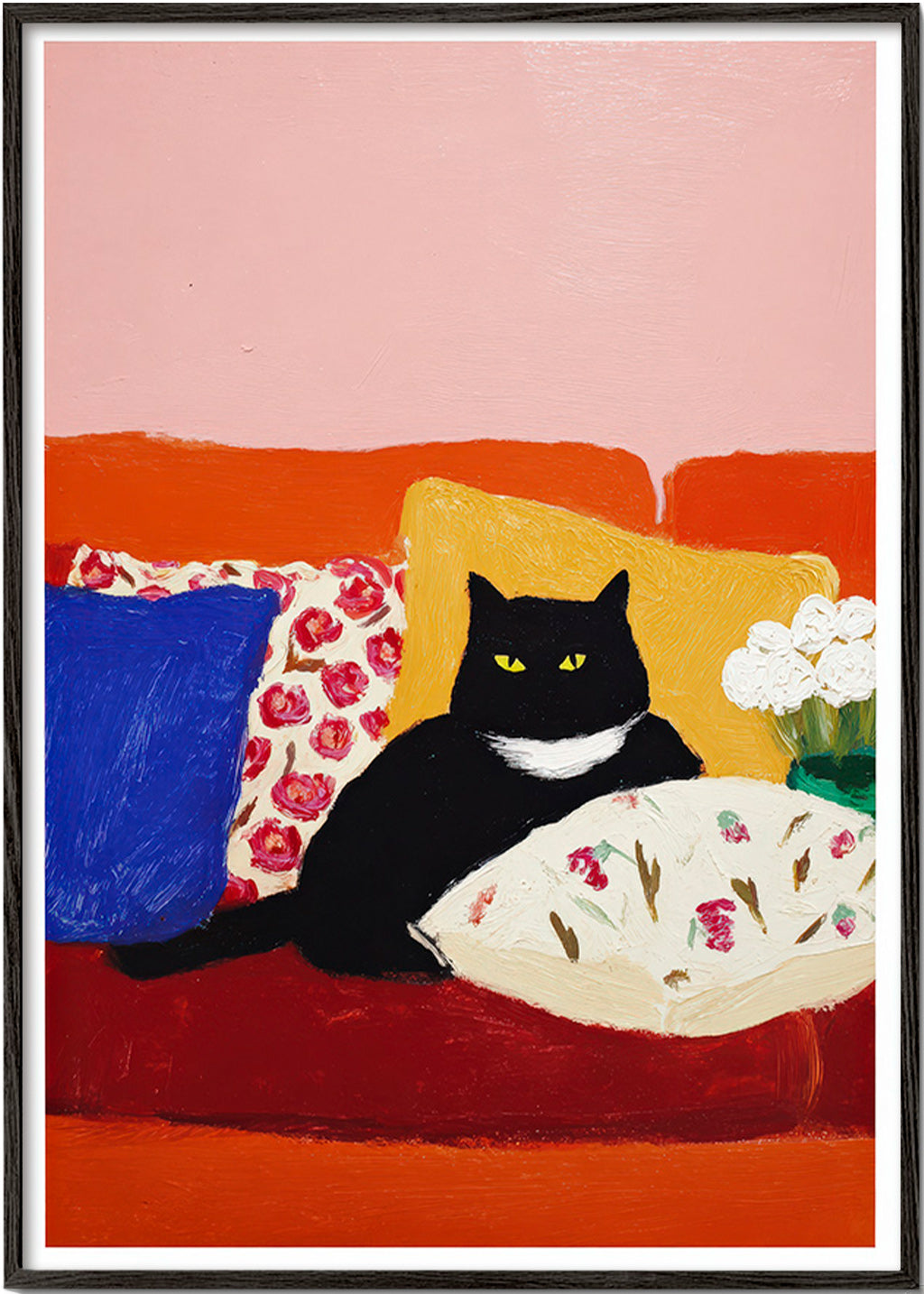 Kunstwerk schwarze Katze auf buntem Sofa