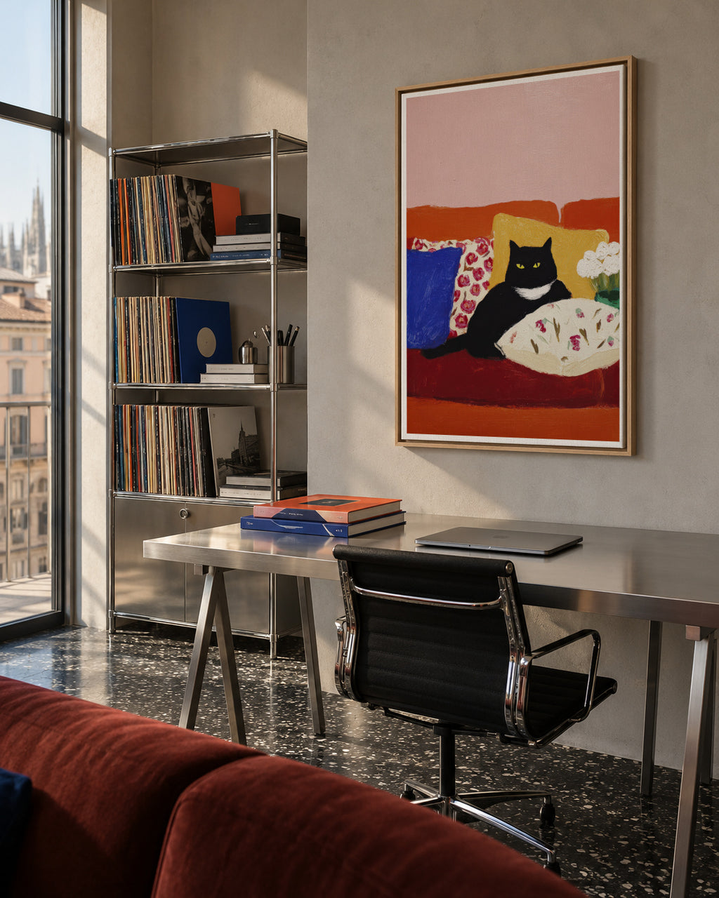 Black Cat Morning - Framed canvas in an interior