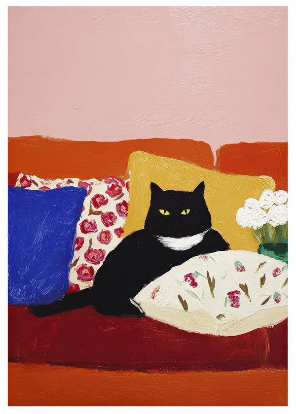 Kunstwerk schwarze Katze auf buntem Sofa