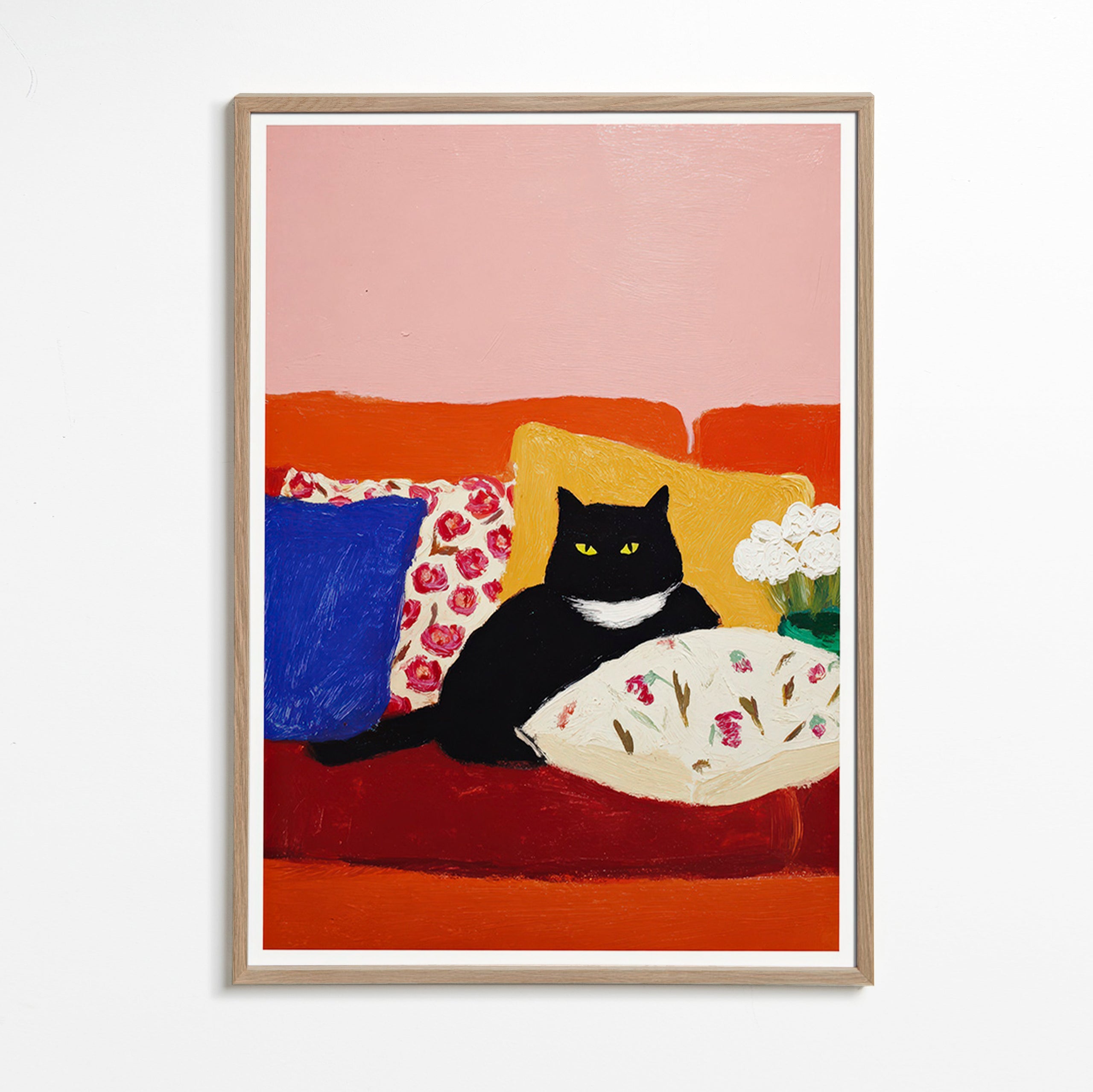 Kunstwerk schwarze Katze auf buntem Sofa
