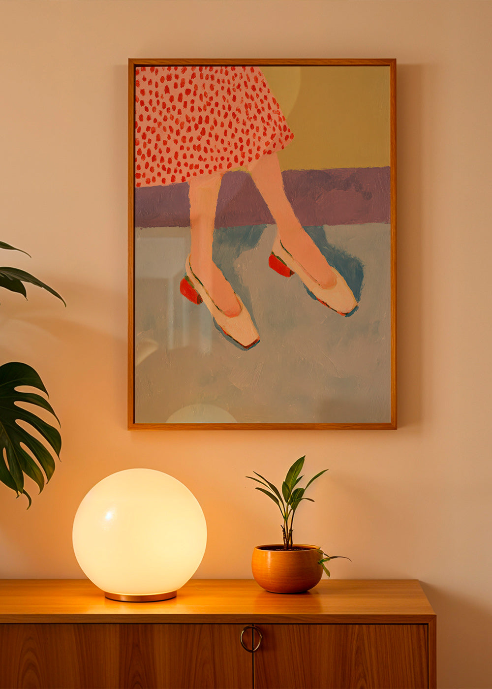 Illustratie rode schoenen met patroonrok