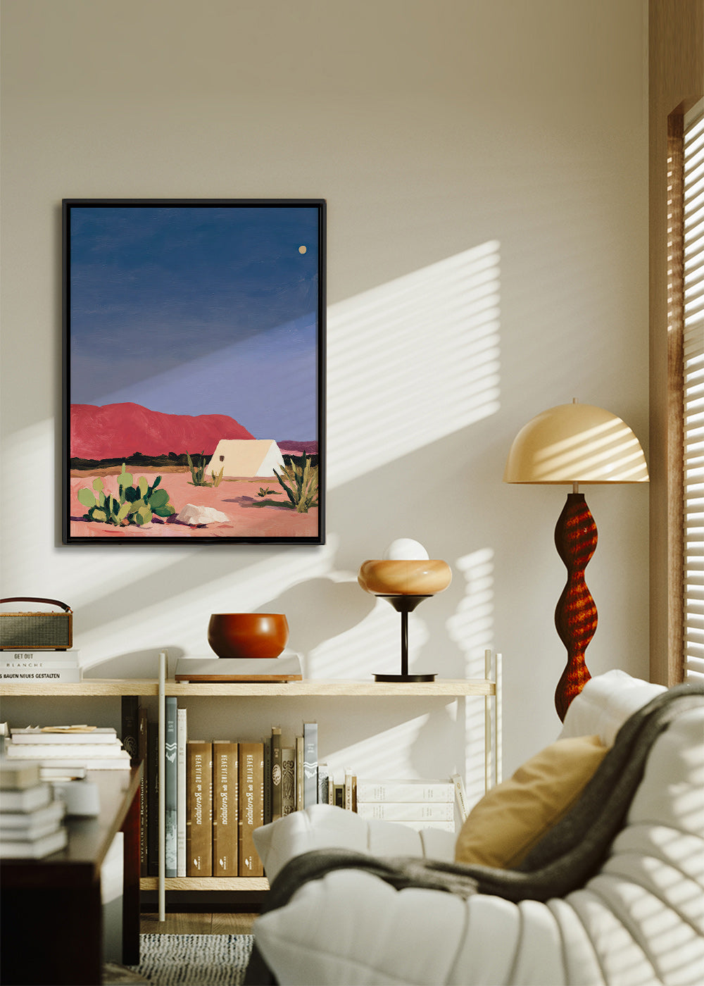 Landschap kunst: woestijn met tent en cactussen