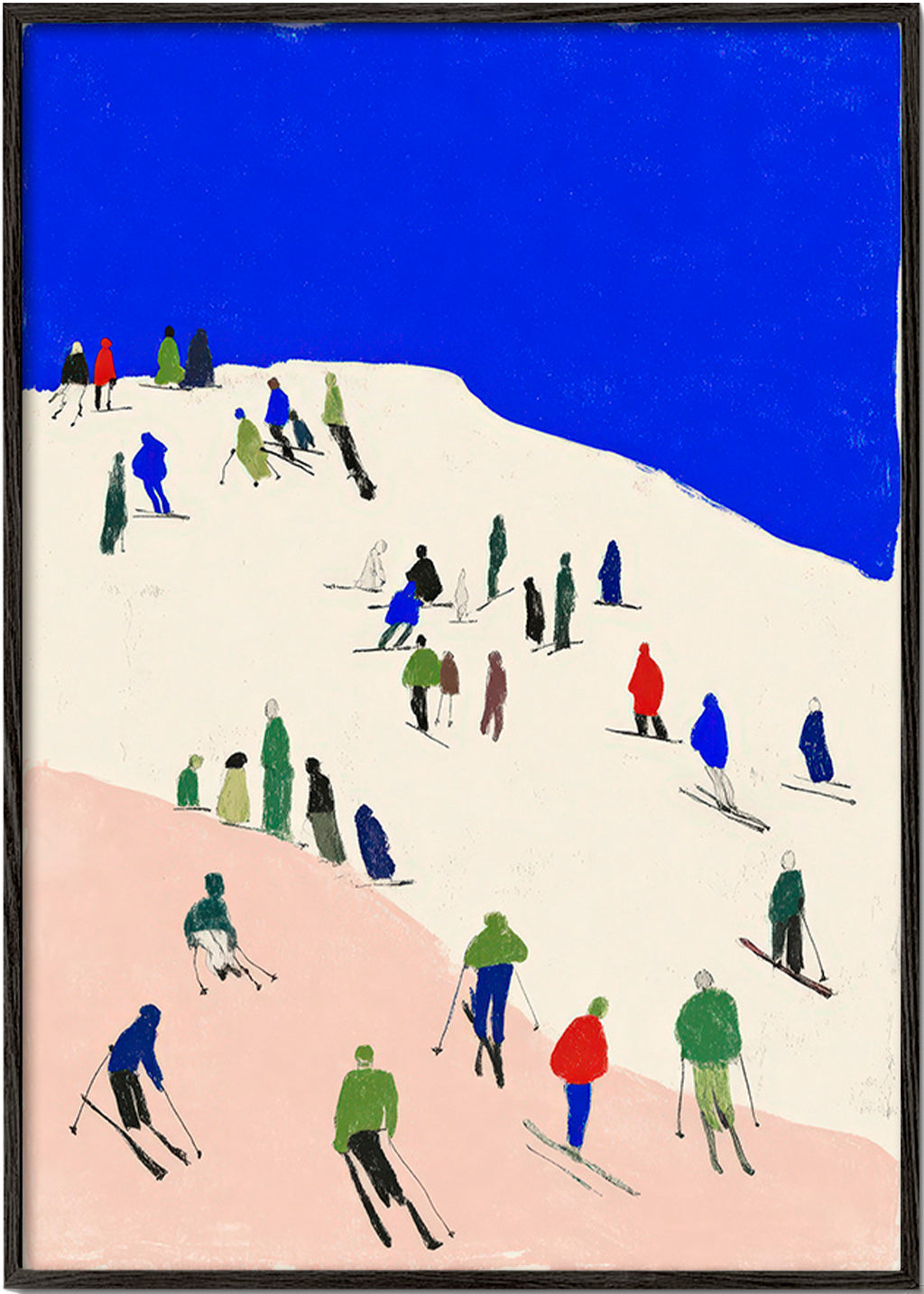 Landschaftskunst mit Skifahrern und blauem Himmel