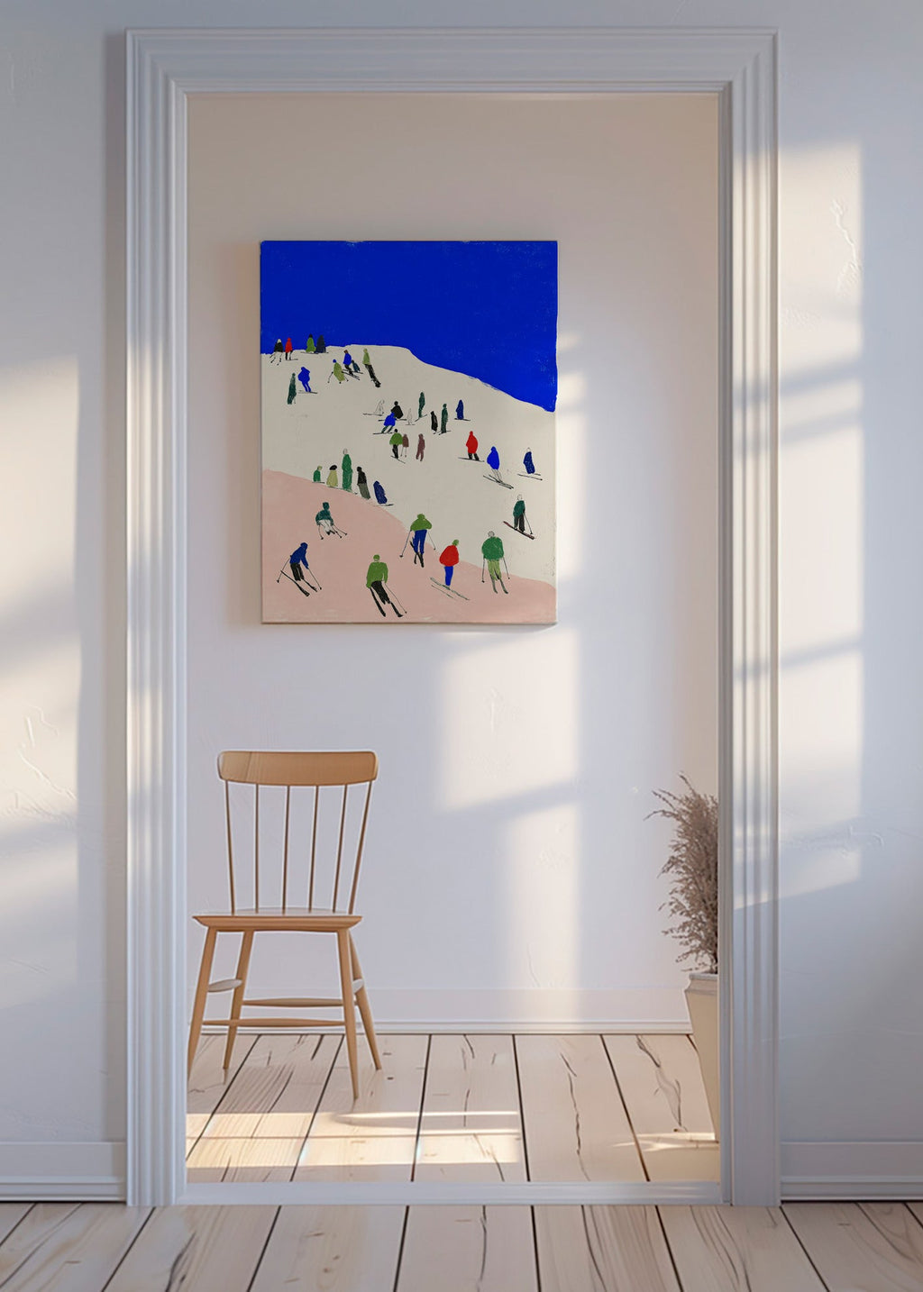 Landschaftskunst mit Skifahrern und blauem Himmel
