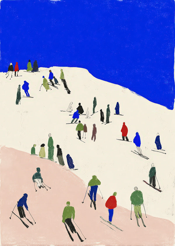 Landschaftskunst mit Skifahrern und blauem Himmel