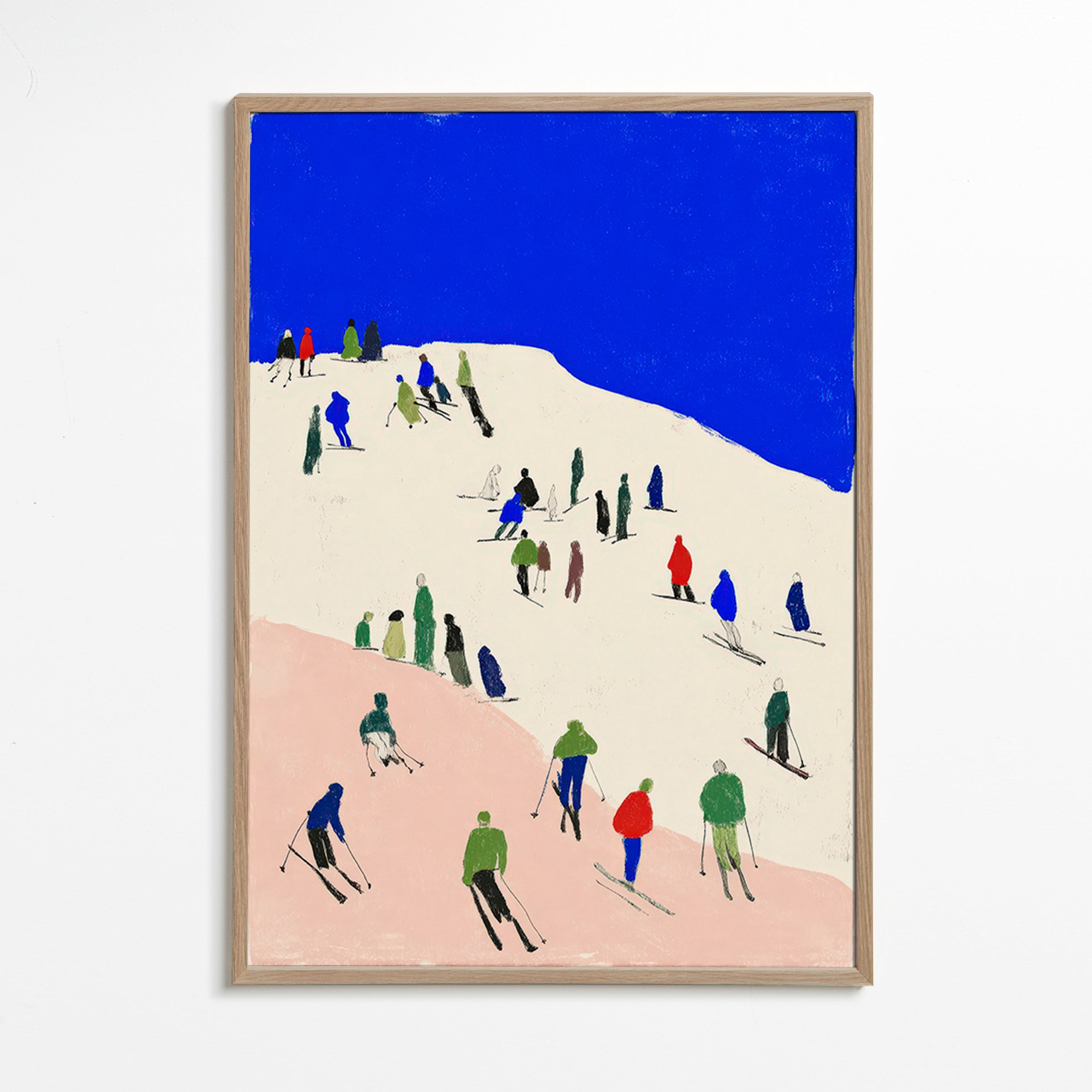 Landschaftskunst mit Skifahrern und blauem Himmel