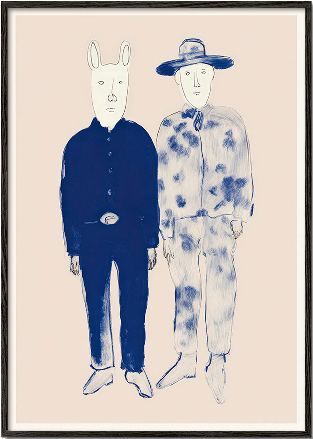 Illustration mit zwei Figuren und Hasen in blauer Tinte