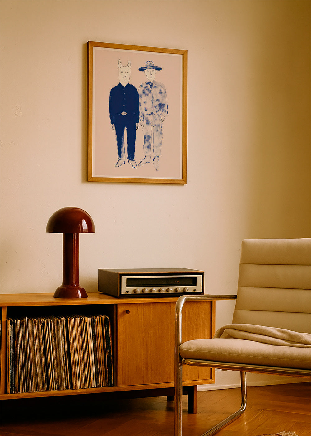 Illustration mit zwei Figuren und Hasen in blauer Tinte