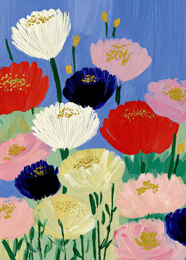 Botanischer Druck mit kraftvollen Pinselblumen
