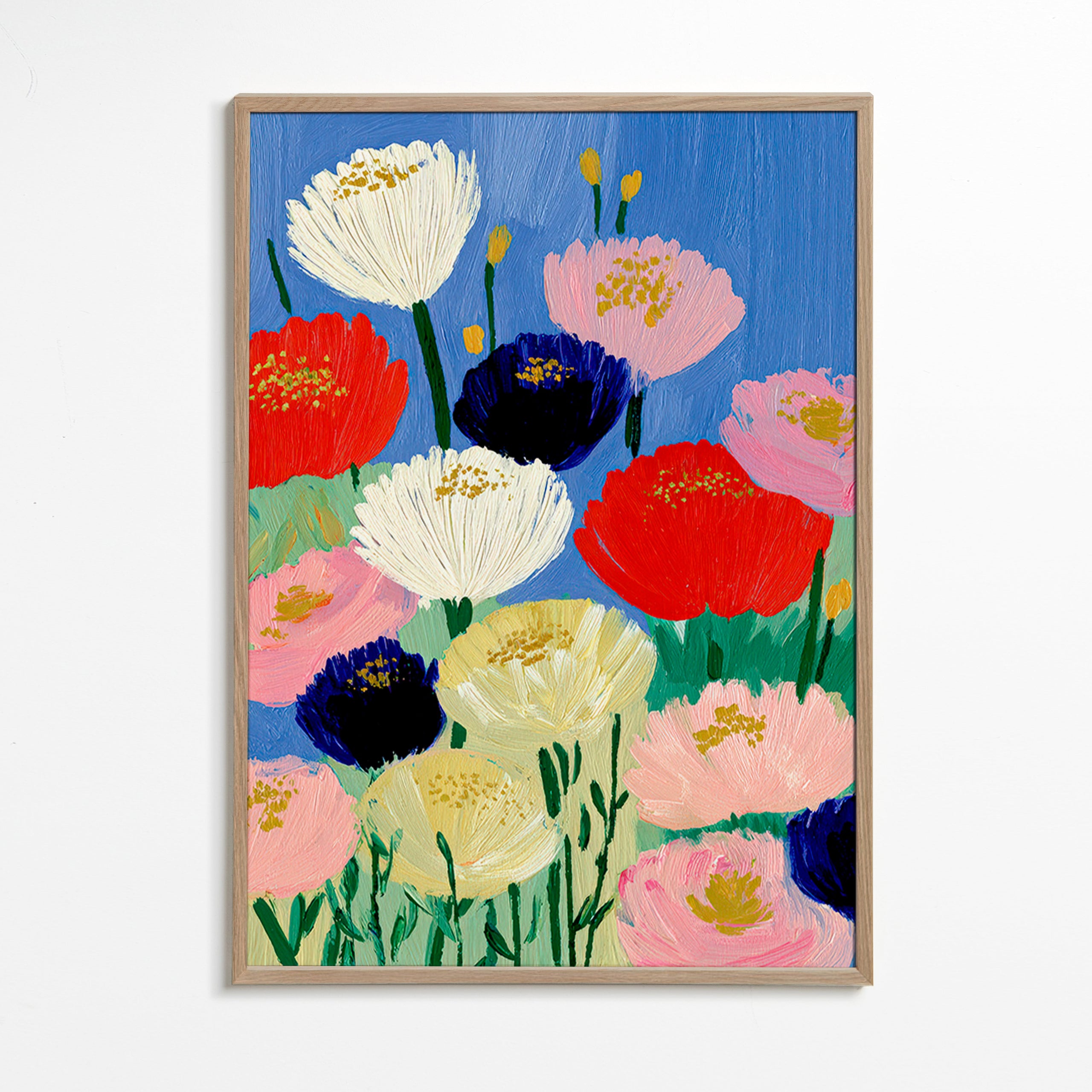 Botanischer Druck mit kraftvollen Pinselblumen
