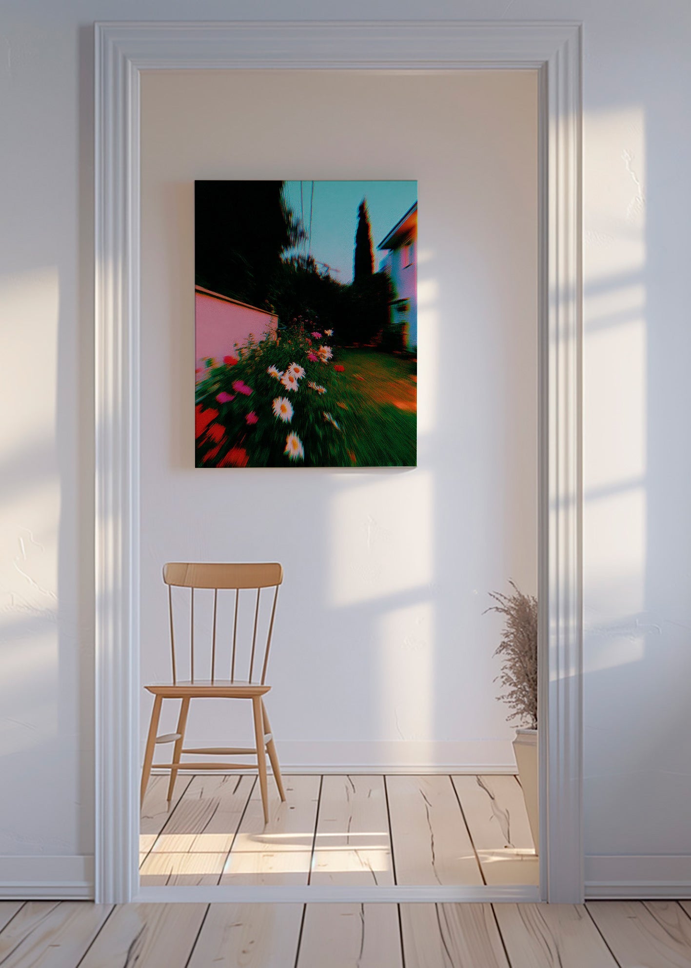 Botanischer Druck mit verschwommenem Garten und Gänseblümchen