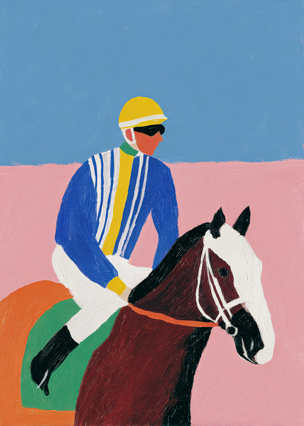 Sport kunst: jockey en paard in vlakke kleuren