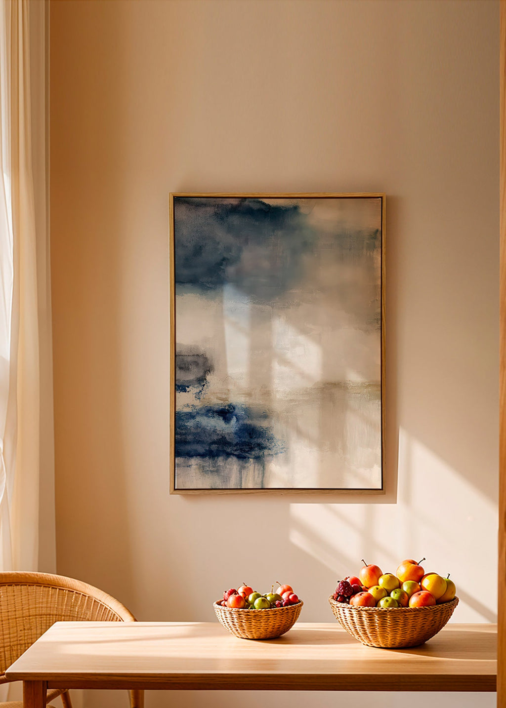 Abstract schilderij blauw en beige