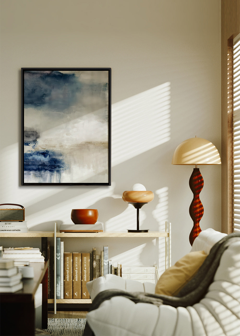 Abstract schilderij blauw en beige