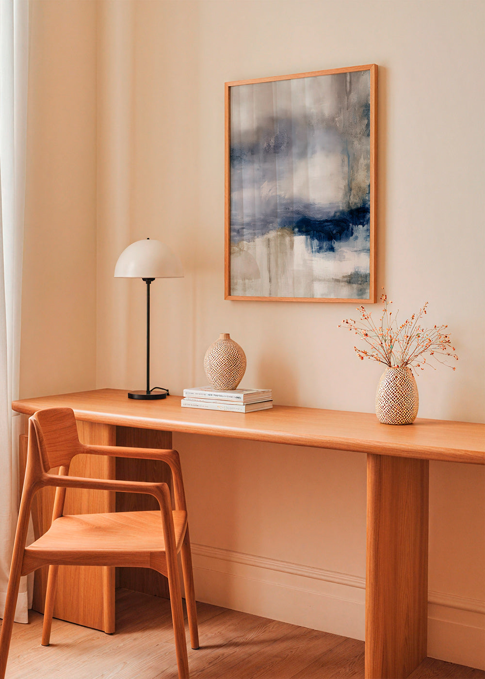 Abstract kunstwerk blauw en beige met zachte textuur