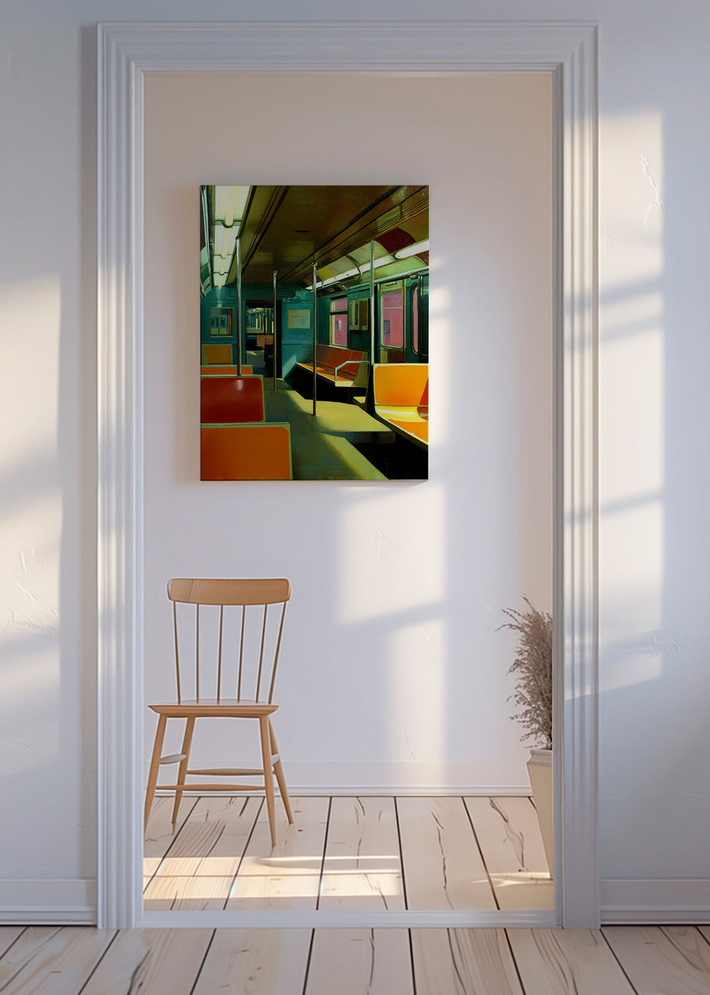 Reisposter: leeg metrorijtuig in warm licht