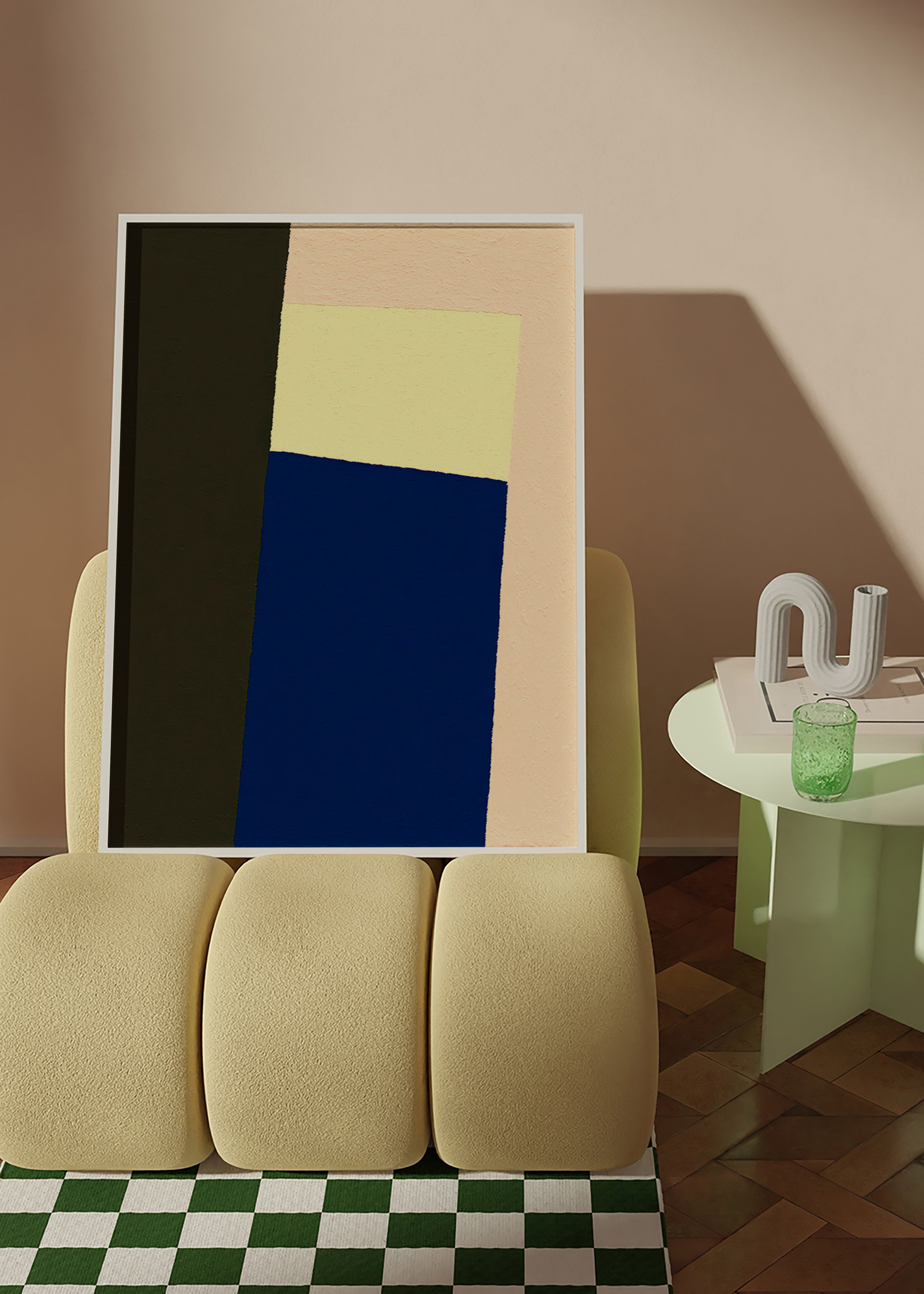 Geometrisches Bild mit blauem vertikalem Block