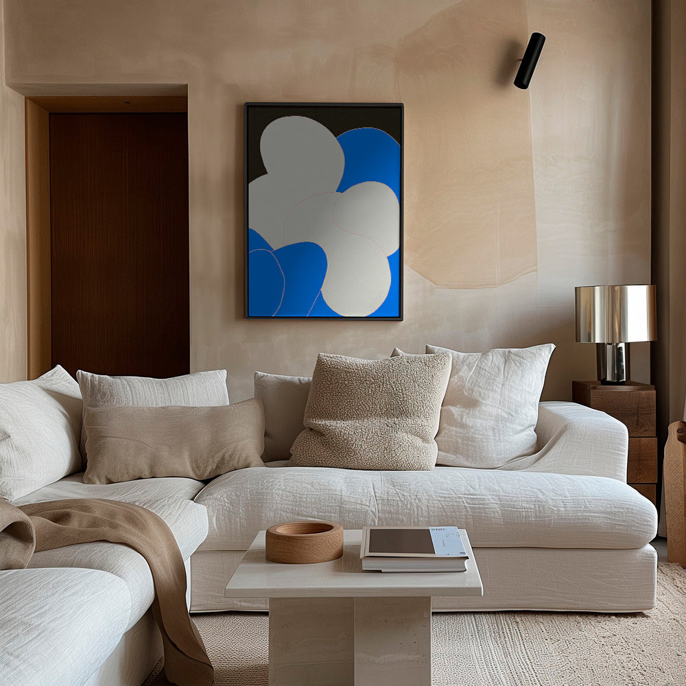 Abstract kunstwerk met organische blauw-witte vormen