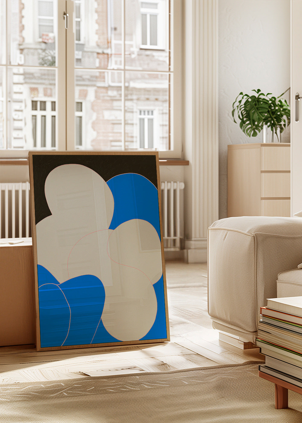 Abstract kunstwerk met organische blauw-witte vormen