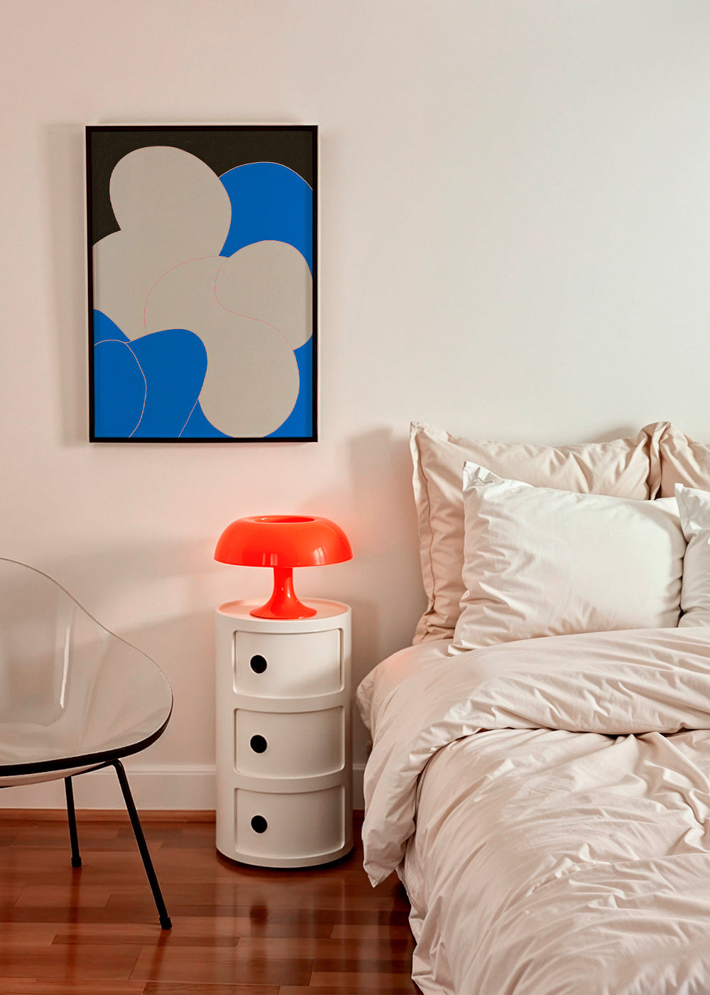 Abstract kunstwerk met organische blauw-witte vormen