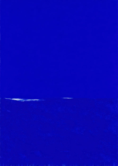 Blauw abstract kunstwerk met subtiele horizon