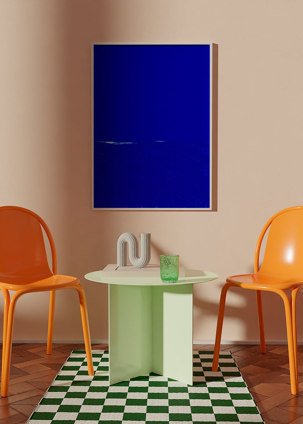 Oeuvre abstraite bleue con horizon discret