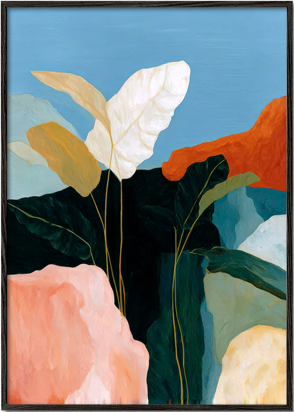 Botanische print witte bladeren en rotsvormen