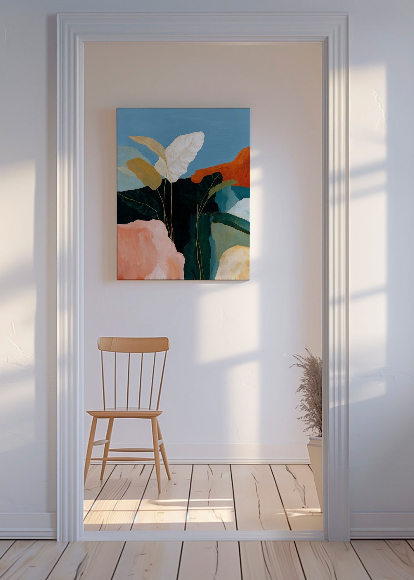 Botanische print witte bladeren en rotsvormen