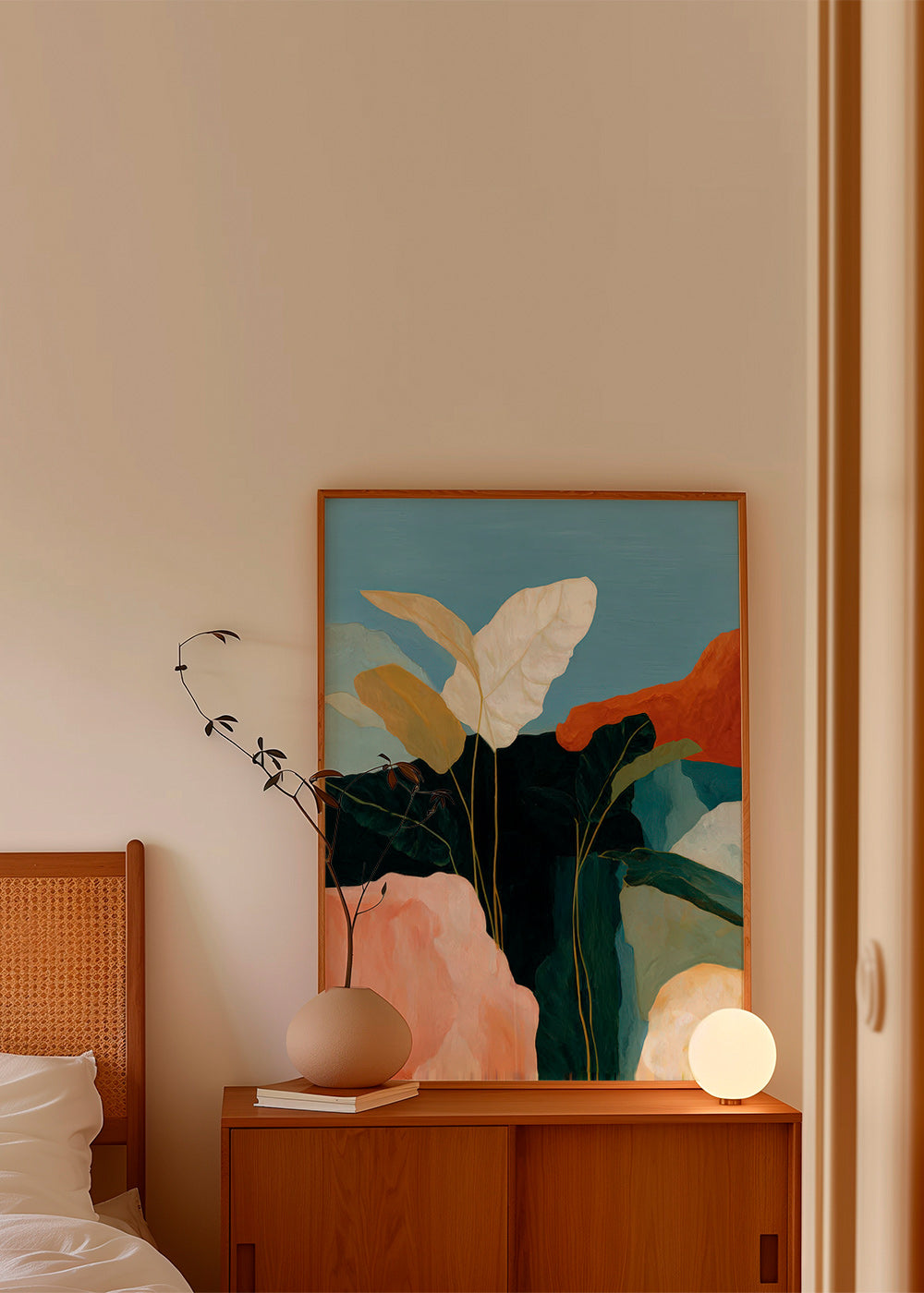 Botanische print witte bladeren en rotsvormen