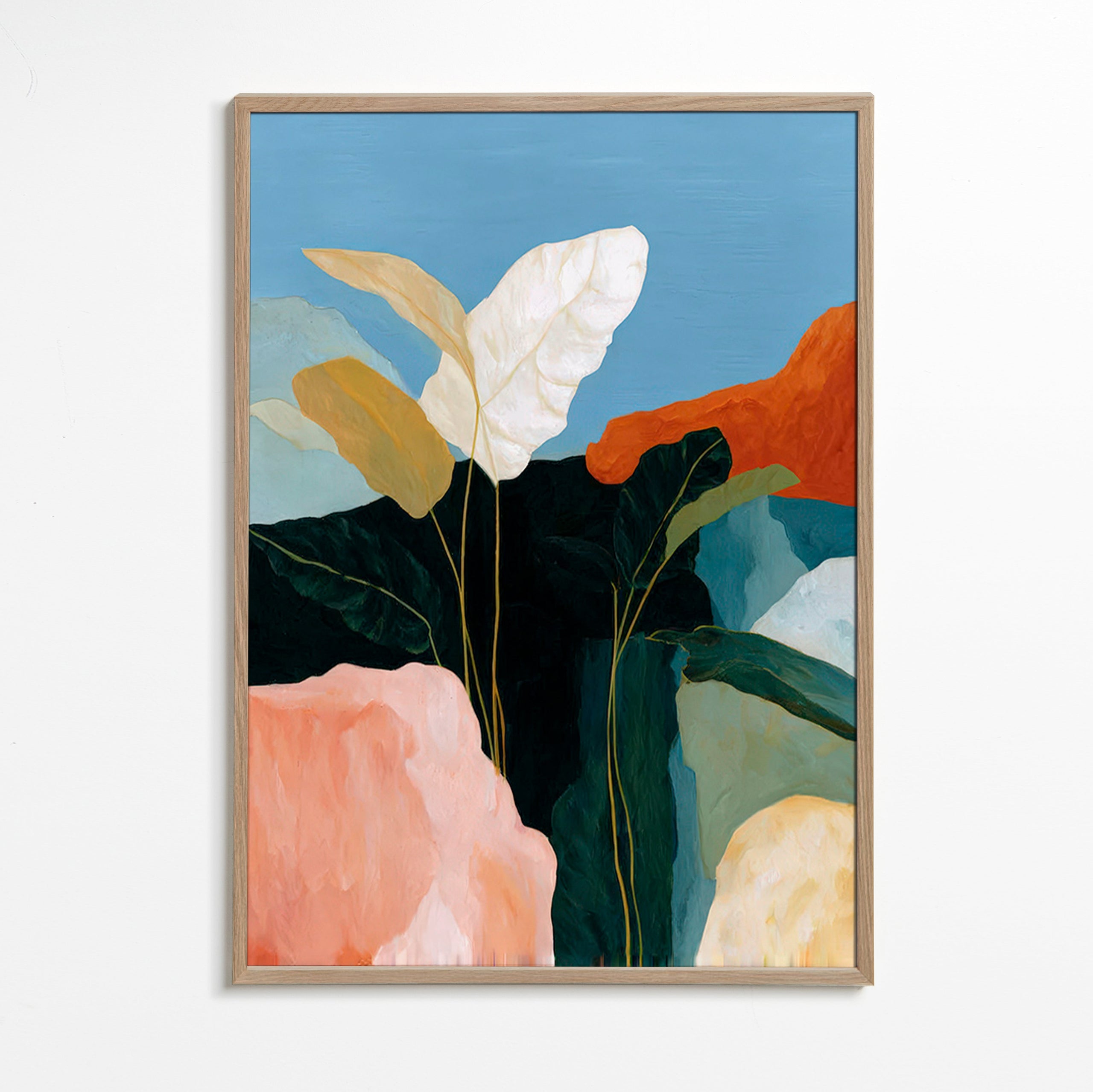 Botanische print witte bladeren en rotsvormen