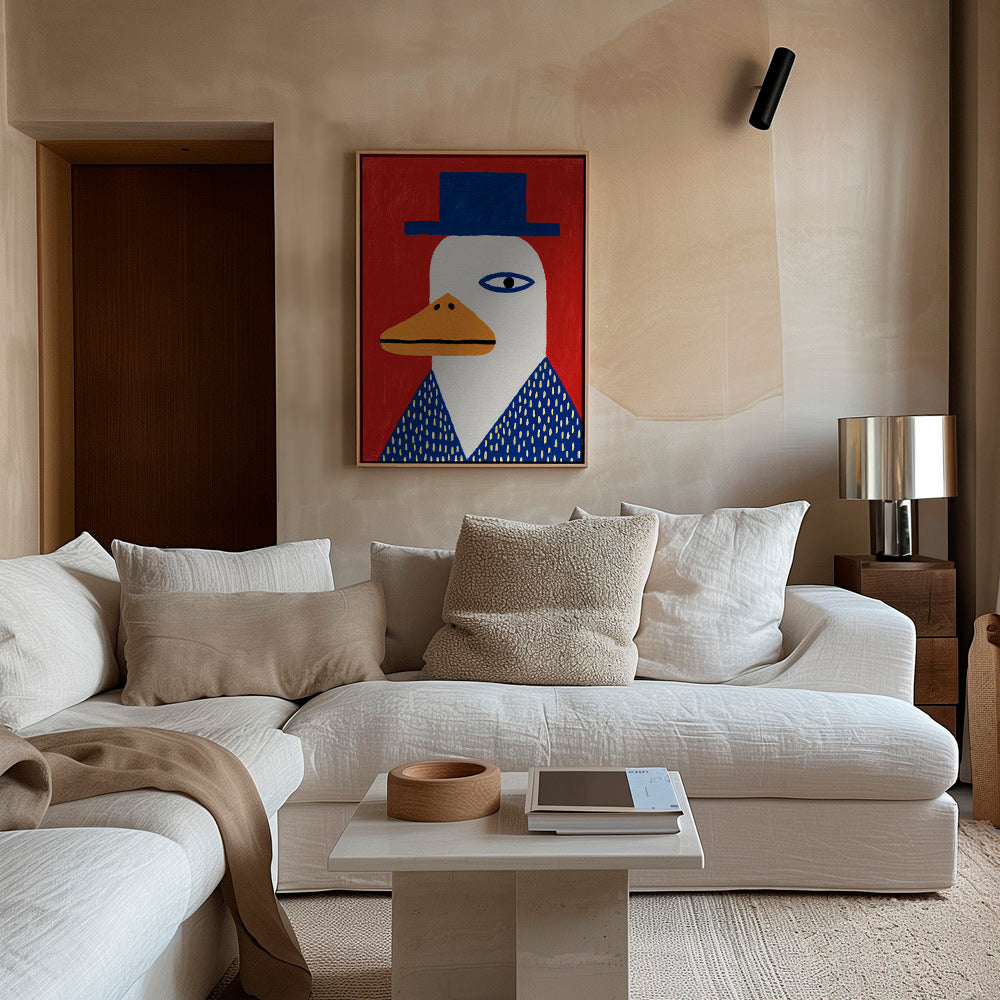 Eendenportret met blauwe hoed