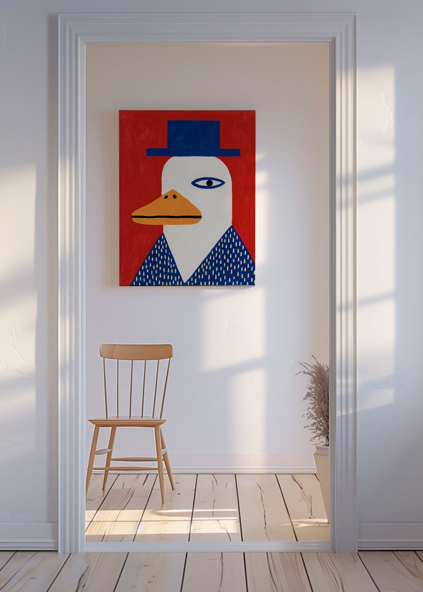 Eendenportret met blauwe hoed