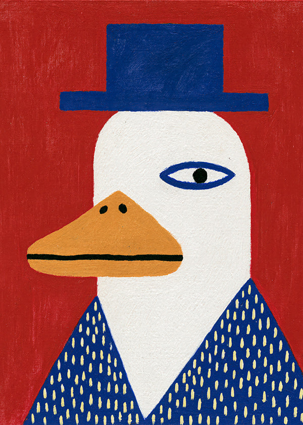 Eendenportret met blauwe hoed
