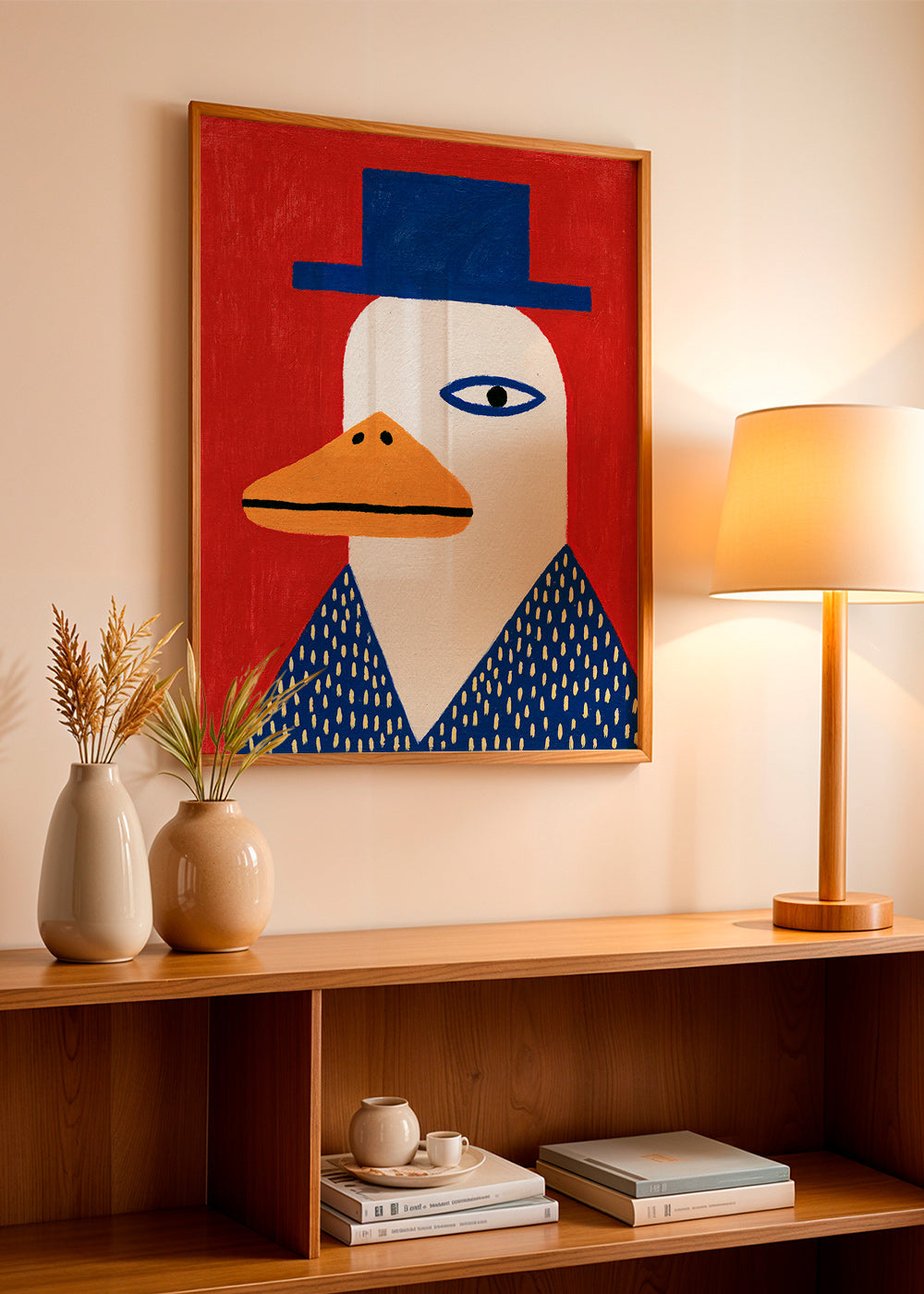 Eendenportret met blauwe hoed