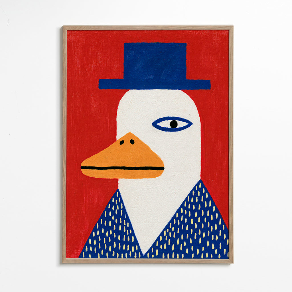 Eendenportret met blauwe hoed