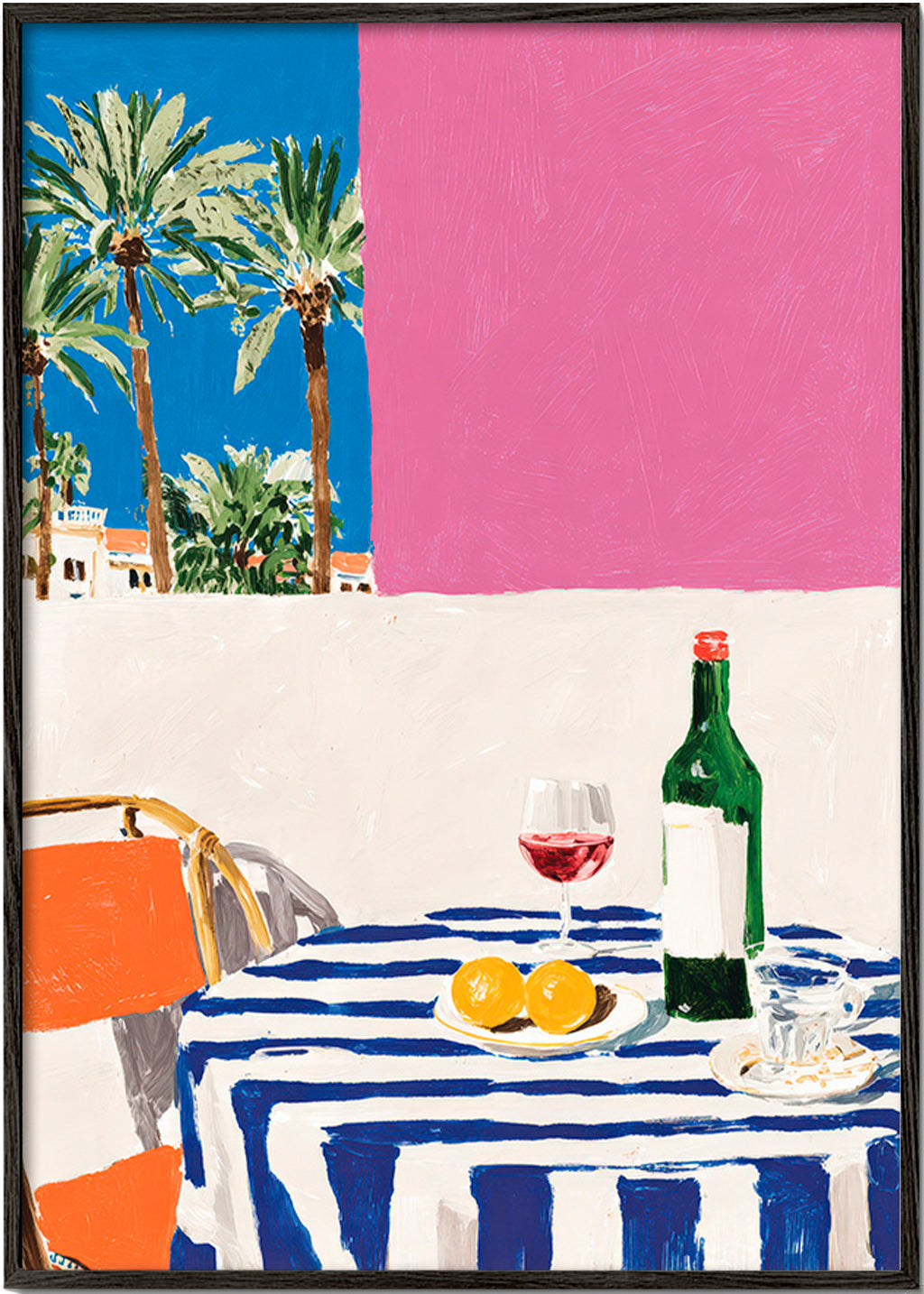 Küchenkunst mit gestreiftem Tisch, Wein und Palmen
