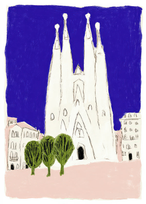 Tableau de voyage Sagrada Familia nocturne illustration