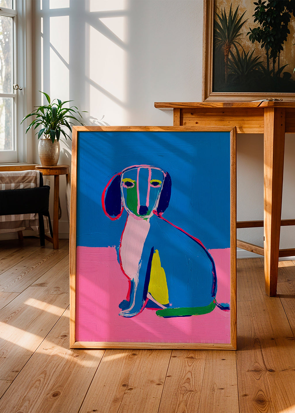 Kunstwerk neonhond felle kleuren